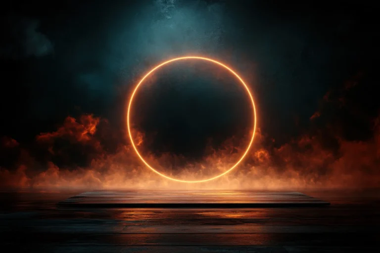 glowing-neon-circle-portal-with-smoke-wooden-platform (Web H)